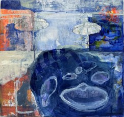 Buzz Masters- %22Blue Shells%22- 13%22x13%22-study for larger work-  mixed media on wooden panel- 2023.  IMG_0601