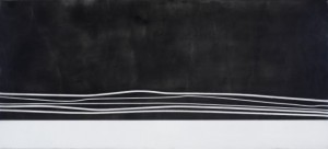 Munira Naqui, "White lines I," 2013, encaustic and graphite powder on aluminum panel, 10 x 22 in.